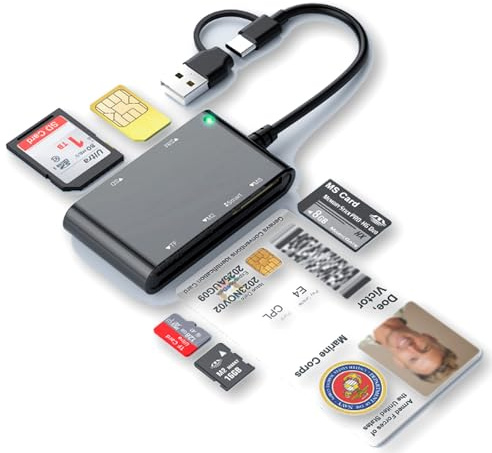 PintoHardware Lector de Tarjetas Inteligentes USB‑C y USB 6 en 2 – Lector y Grabador SD Micro S SIM Smart Card y M2 Compatible con DNIe y Windows y MackBook Tarjetas Bancarias para PC Portátil y Móvil