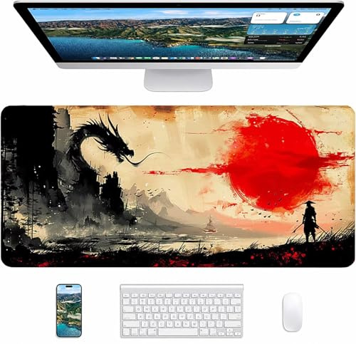 Red Gaming Mouse Pad, Dragon Large Mouse Mat 900x400x3mm, Desk Pad with Stitched Edges, Keyboard Mat with Waterproof Non-Slip Rubber Base, Desk Accessories and PC Accessories, Gifts for Women 7-7621