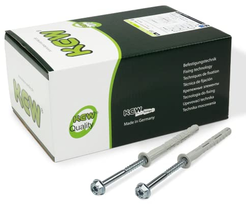 KEW 50x Rahmen-Dübel mit Sechskant-Schraube RDD SKS - SW13/Bit T40 & angepresster Scheibe - Nylon-Dübel für Beton, Holz, Metall, etc. - 10x120mm - 50er-Pack