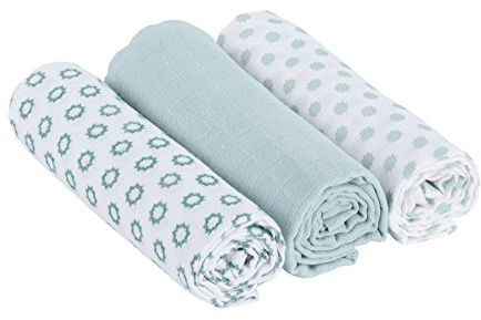 LÄSSIG Baby Puckdecke Spuckdecke Pucktuch Mulltuch weich kuschelig Baumwolle vorgewaschen/Swaddle & Burp Blanket Little Chums grün, Mint, 85 x 85 cm (3er Pack)