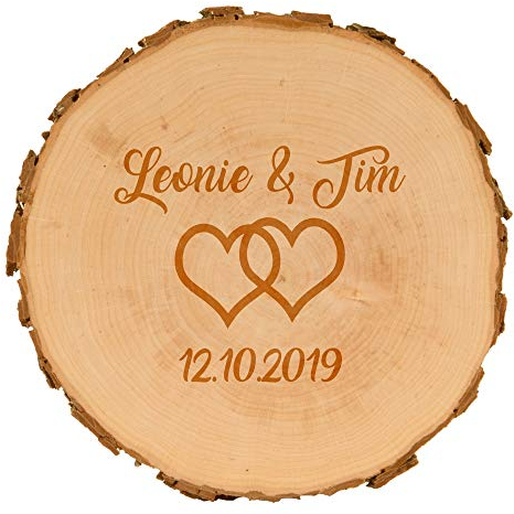 Baumscheiben zur Hochzeit mit Gravur - personalisierte Holzscheibe - verschiedene Designs - naturbelassen - Dekoration - Wanddeko (Herzen)