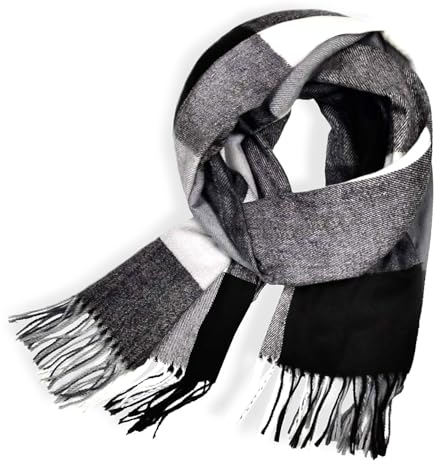 Glamexx24 Schal Damen Winter Kariert Fashion: Damen Winter Schal, Strickset Schal übergroßer Quadratisch Deckenschal Deckenschal Halstuch Streifen Muster Fransen Poncho (Schwarz-creme-grau)