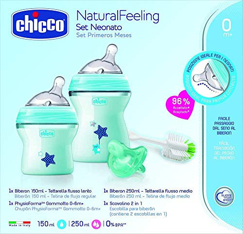 Chicco Set Natural Feeling Bimbo, Biberon, Gommotto, Scovolino, Azzurro - 450 G