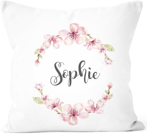 SpecialMe® Kissen-Bezug mit Namen Blumen Kissen-Hülle Namenskissen Baumwolle personalisierte Geschenke Dekokissen Weiss Unisize