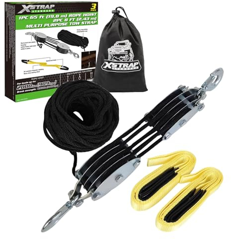 XSTRAP STANDARD Heavy-Duty 4,000 LB Breaking Strength 65 FT Rope Hoist with 2PK 8 FT Lift Sling (Black)