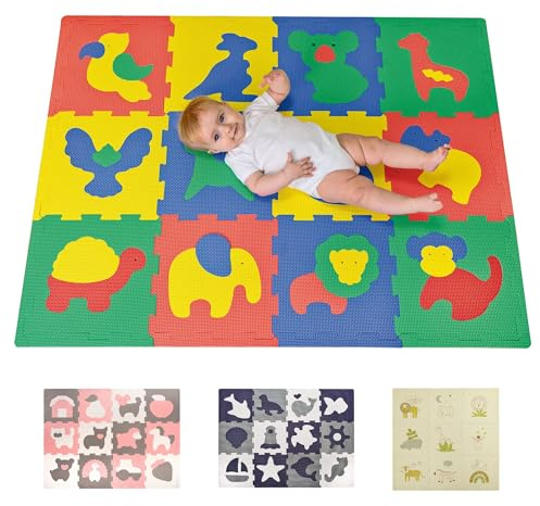 Hakuna Matte Tappeto Puzzle per Bambini con Animali del Safari | 12 Piastrelle in Schiuma 20% più Spesse e Morbide con Custodia | per Imparare e Giocare | 100% Sicuro, Non Tossico, Inodore