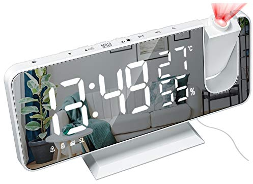 DollaTek Reloj Despertador con proyección de Radio LED Pantalla Grande Temperatura y Humedad Reloj electrónico para Dormitorio Cocina - cáscara Blanca Blanco Digital