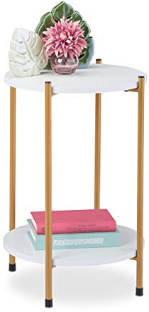 Relaxdays Beistelltisch Marmoroptik, 2 Ablagen, für Wohnzimmer, Metall & MDF, Sofatisch rund, HxD 55,5x40 cm, weiß/gold