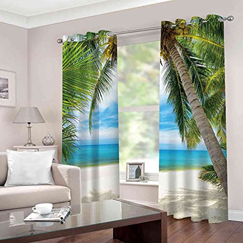 KQDMYT Verdunkelungsvorhang Blickdichte Gardinen Mit Ösen Strand Palme Meereslandschaft Geräuschreduzierung Lichtundurchlässige Vorhang Für Schlafzimmer Sonnenschutz Thermovorhang 234x183cm 2Er Set