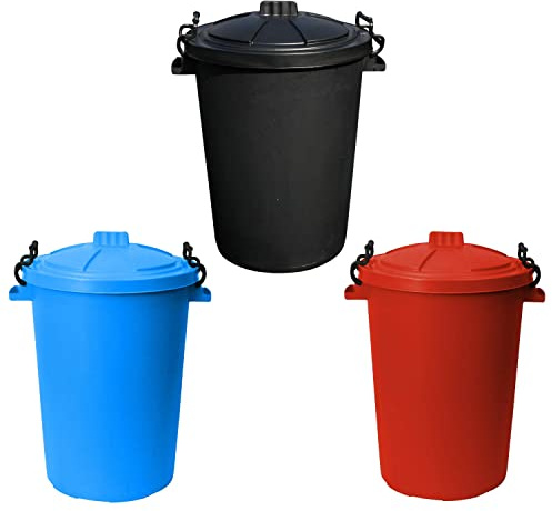 JMS we create smile [Set of 3] 50 Litre Black, Sky Blue & Red Colour Heavy Duty Plastic Bin Dustbin Storage Unit with Locking Lid for Home Garden Rubbish Waste Animal Feed