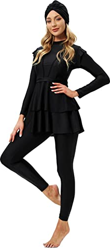 Muslimische Badeanzug Damen Burkini Frauen Muslim Bademode Modest Islamisch Arabisch Jilbab Langarm Schwimmoberteile Built in Bra+Schwimmhose+Hijab Kopftuch 3tlg Full Cover Schwimmanzug Schwarz S