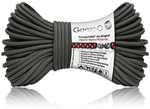 Ganzoo Paracord 550 Seil dunkel grau, 4mm, Typ 3, Nylon Polyester, Hybrid, Armband, Hunde-Leine, Hunde-Halsband knüpfen, ca. 250kg Bruchlast, Outdoor Rope, Camping Schnur, Allzweckseil, 30 Meter