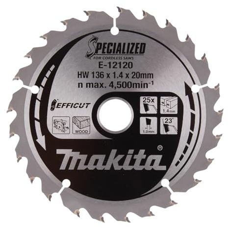 Makita E-12120 EFFICUT Kreissägeblatt Ø 136 x 1,4 x 20 mm, 25 Zähne, 23° Zahnwinkel, für saubere und schnelle Schnitte in Holz, für Akku-Handkreissägen