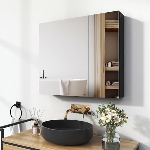EMKE Spiegelschrank Bad 75x65cm, Schwarz Mattiert