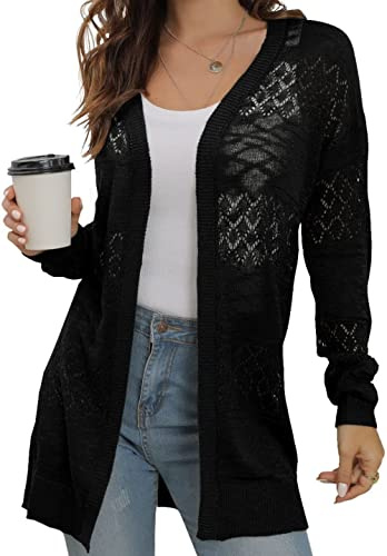 GRECERELLE Summer Cardigans for Women UK Lightweight Lace Hollow out Knit Soft Long Sleeve Open Front Beach Coverups Ladies Solid Color Sun Protection
