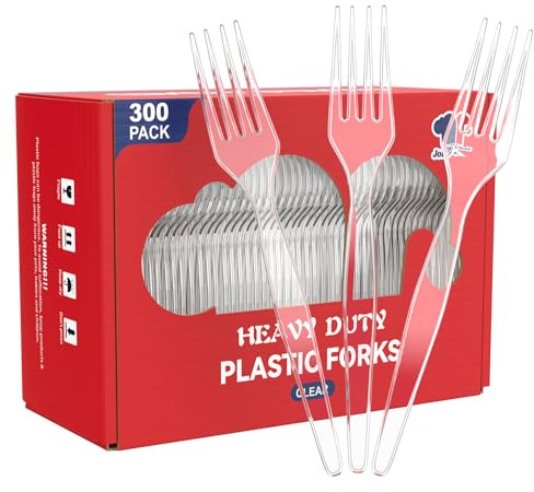 JOLLY CHEF [300 Count] Clear Plastic Forks, Heavy Duty Disposable Forks Utensils, Clear Plastic Silverware Bulk for Home, School, Restaurant, Party, Birthday, Wedding, Gathering or Daily Use