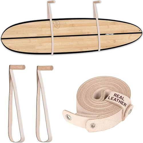 Hang 11 Surfboard Wandhalterung - Aufhänger für Surfboard Snowboard Longboard Skateboard Wakeboard Nachhaltiges Eichen- & Lederregal Der perfekte Ständer zum Präsentieren Ihrer Boards