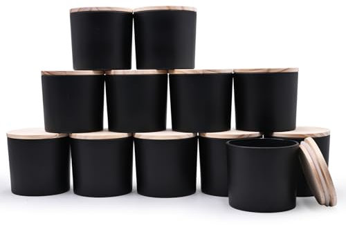 SHOWIN 340.2 g Dicke Kerzengläser zur Herstellung von Kerzen, leere Gläser mit Holzdeckel für Gewürzgläser, Probenbehälter, Mattschwarz