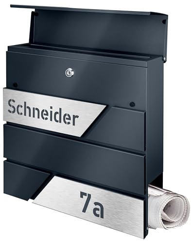 Briefkasten mit Zeitungsfach in Anthrazit, Edelstahlbriefkasten, Wandbriefkasten Briefkasten mit Schloss und Zeitungsfach - Jetzt mit Lasergravur erhältlich (Silber)