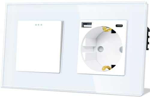 TAWOIA Lichtschalter mit Steckdose 1 Fach 1 Weg Glas Platte Unterputz Taste Schalter mit Schuko Steckdose mit（MAX.20W) USB and Type C Weiß 86 * 157mm Wechselschalter