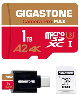 [5 Jahre kostenlose Datenrettung] GIGASTONE 1TB Micro-SD-Karte mit USB 3.2 Typ C Kartenleser, 4K Kamera Pro MAX, bis zu 170/140 MB/s, A2 V30 MicroSDXC Speicherkarte für GoPro 4K UHD Video