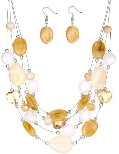 FULU AUTUMN Chunky Statement Kette Damen Mehrreihige Perlenkette und Ohrringe Modeschmuck Set für Frauen Mama Frau Oma Muttertags Geschenk(1-Camel white colorful)