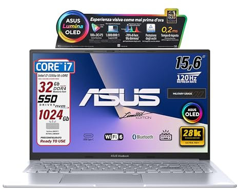 ASUS Notebok Vivobook OLED 16 pantone valitated, Intel I7 13620H, Ram 40Gb, SSD Pci Nvme 1Terabyte, Windows 11, wi-fi 6, webcam, Usb3.2, Hdmi, Bt5.3, Tastiera retroilluminata, Preconfigurato