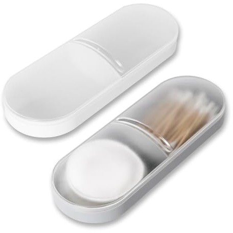Adorila Cotton Swab Holder, 2 Pack Lightweight Plastic Container, Portable Qtip Storage Box with 2 Slots, Transparent Design for Household Travel, White, Grey