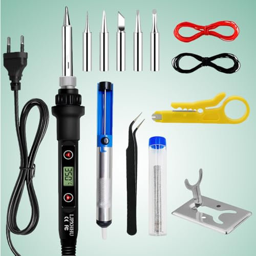 Fer a Souder Kit,80w Fer à Souder Etain avec écran LED,Température Réglable 180℃ à 500 ℃,5 Pointes Fer à Souder,Fil à Souder,Support de Fer à Souder,Pompe à Dessouder,Pincettes Antistatiques