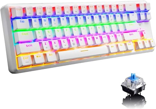 EWEADN K680T Mechanical Gaming Keyboard 60%, Wired & Wireless Bluetooth Dual Mode, RGB Backlit Light Up Keyboard 68 Keys Anti-Ghosting, Rechargeable Blue Switch 18 Backlit for PC Laptop-White