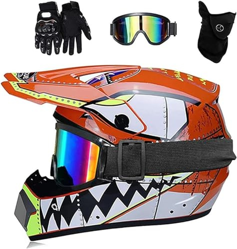 Casco Motocross Integrale Gioventù Bambini, MTB BMX Downhill Quad Bike Enduro Casco con Occhiali Maschera Guanti, Adulto Unisex MTB Moto Casco ATV(Color:Orange,Size:S(52~53cm))