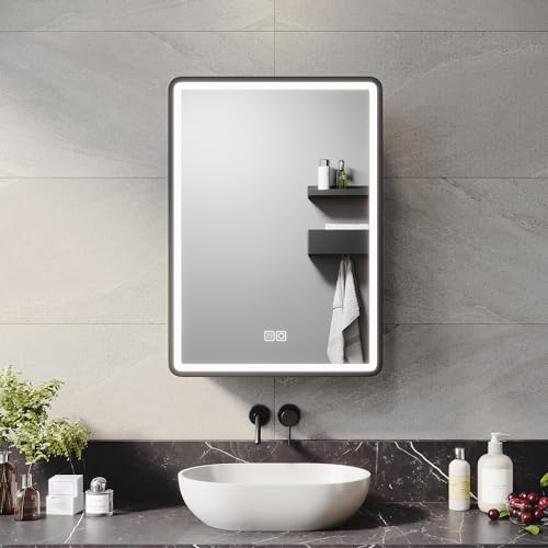 ELEGANT 500x700mm LED Bathroom Mirror Cabinet With Shaver Socket - Wall Mounted With Touch Button 3 Colour Light and Demister - Stainless Steel Black