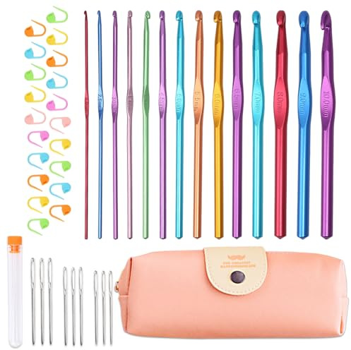 KUBDPQOR Häkelnadel Set 45 Stück Häkeln für Anfänger Kit mit 14 Bunter Häkelnadel (Enthält Häkelnadel 2,5 Häkelnadel 3,5) 20 Häkeln Marker 9 Stricknadeln, Vielseitiges Crochet Set Häkeln für Alle