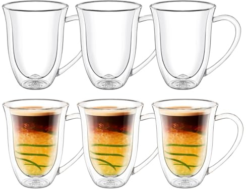 Wilmax - Thermogläser mit Henkel - 6er Set - 300ml - Doppelwandige Gläser für Wasser, Tee, Kaffee - Teegläser & Kaffeegläser - Becher für Heiß- und Kaltgetränke - Spülmaschinenfest