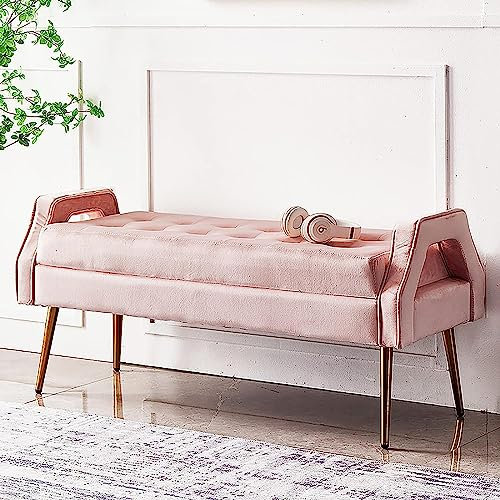 Luxuriöse Bettbank Mit Goldenen Beinen,Schlafzimmerbank Samtgepolsterte Sitzbank,Bequeme Osmanische Bank Multifunktions-Schuhbank Für Den Eingangsbereich-Rosa 100x46x55cm(39x18x22inch)