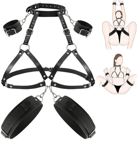 BDSM Bondageset Brustfesseln Sexspielzeug für Paare Extrem Sex Leder Hals- bis Oberschenkel-Brustfesseln Geschirr mit Handschellen, Brustfesseln für Frau Harness Damen Sexy Dessous (Schwarz)