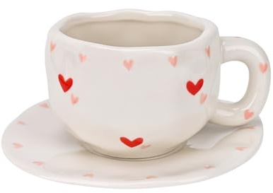 Koythin Tasse à café en forme de cœur rouge, mignon, créatif, soucoupe incluse, design irrégulier unique, 10 oz/300 ml pour latte, thé, lait