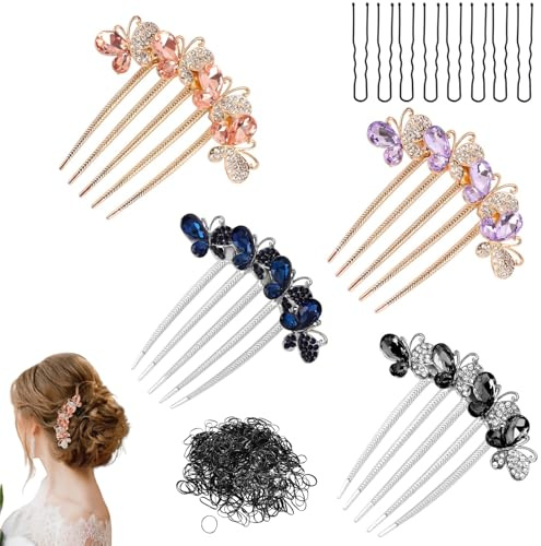 CLDURHGE Haarkämme mit Strass, Schmuckhafter Haarkamm zum Stecken – Butterfly Kamm – Eleganter Haarschmuck für Damen, Glitzernde, Perfektes Zubehör für Ihre Frisuren(4er-Pack)