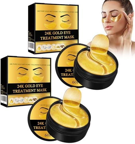 Tkekruh 120 Almohadillas para los Ojos, con Oro de 24 Quilates, Mascara para los Ojos, Parches Ojos Bolsas y Ojeras, Hialurónico y Colágeno, Contra Ojeras, Bolsas, Arrugas e Hinchazón