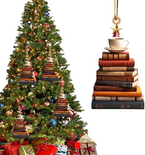 Weihnachtsbuch-Baumschmuck – dekorative 2D-Acryl-Bücherregal-Dekoration, Weihnachtsdorf-Accessoires, Weihnachtsbaum-Auto-Anhänger, Stapel von Büchern