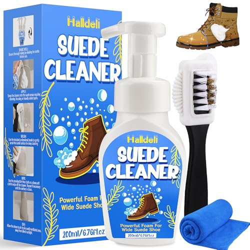 Halldeli Pulizia Scarpe Scamosciate, Kit Pulizia Scarpe con Spazzola Scarpe, 200ml Pulisci Scarpe per Camoscio, Nabuk, Maglia, Stivali, Ginnastica e Pelle, Pulire Scarpe Camoscio Sicuro e Delicato
