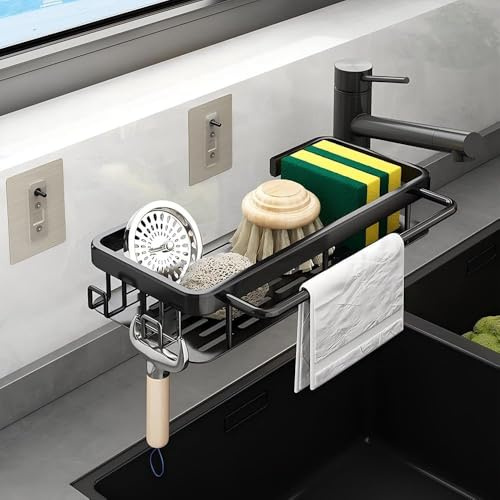 agctrler Waschbecken Organizer Küche Schwammhalter ohne Bohren, Spülbecken Organizer Schmal mit Spültuchhalter und 2 Haken, Metalle Badezimmer Organizer