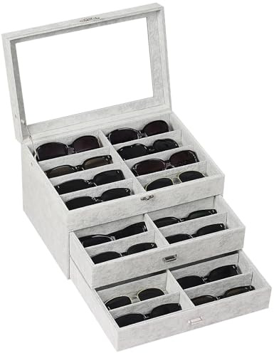 AUTOARK 3-Layer Sunglasses Organizer Box,24 Slots for Home Desktop & Closet,Soft Ice Velvet Lining,Glass Top Display,Large Glasses Storage Drawer,Grey Eyewear Case,Gift for Men Women,MKAW049