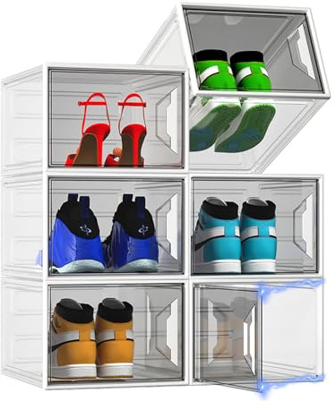 XL Large Stackable Shoe Boxes - Clear Plastic Shoe Storage Boxes with Magnetic Door, Thicken Shoe Organizer for Closet, Space Saving Foldable Shoe Containers Bins for Sneaker Boot - 6 Pack(White)