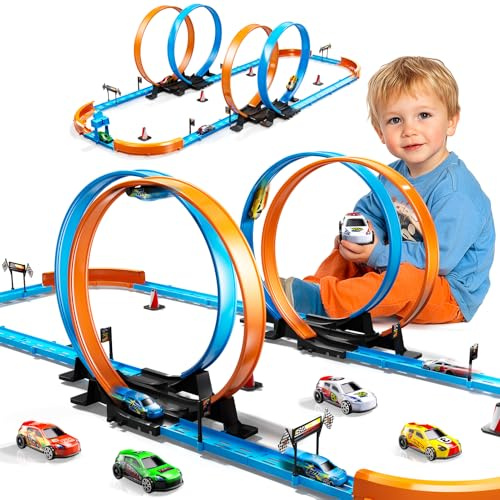 Toy Car Race Track Set for Boys Kids Age 3-5 4-7, Race Tracks with 4 Crash Zones and 1:64 Scale High-Speed Slot Cars, Christmas Halloween Birthday Gifts Toys for Toddlers Boys 4-8 8-12 Years