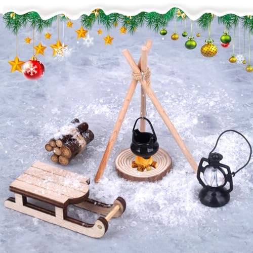 WhaleO Miniatur Puppenhaus Wichtel Zubehör Weihnachten, Wichtel Schlitten Holz Feuerstelle Miniatur Weihnachten Lagerfeuer Krippe Zubehö Wichteltür Zubehör