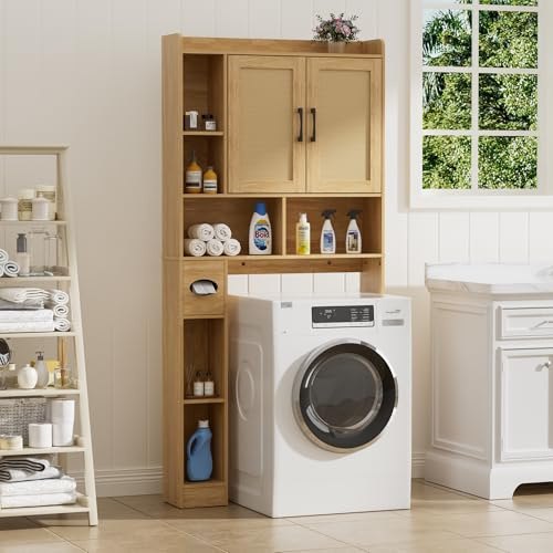 BonVache Armadietto Lavatrice a 2 ante Ripiani Regolabili Lavatrice Mensola Lavatrice con Scomparto Laterale per Asciugamani Carta e 6 Vani Aperti Bagno WC Lavanderia Colore Rovere