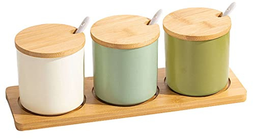 Bocaux de Rangement en Verre, récipient à épices avec cuillère et Couvercle en Bois, Ensemble de Pots à épices Simples pour Base, Porce