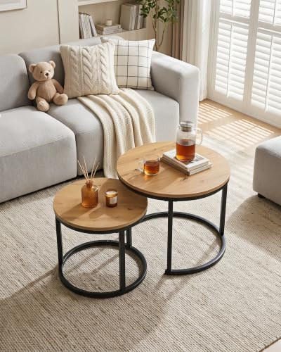 Amveya Couchtisch Rund Holz 2er Set, Wohnzimmertisch Modern, Coffee Table, Holz-Effekt Beistelltisch Wohnzimmer mit schwarzem Rahmen