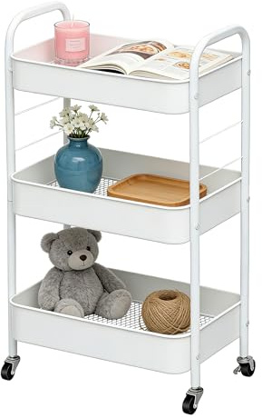 ZOESTORAGE 3 Tier Trolley Cart,Metal Storage Trolley on Wheels for Kitchen,Laundry,Bedroom and Storage Cart for Book,Veg,Snack,White